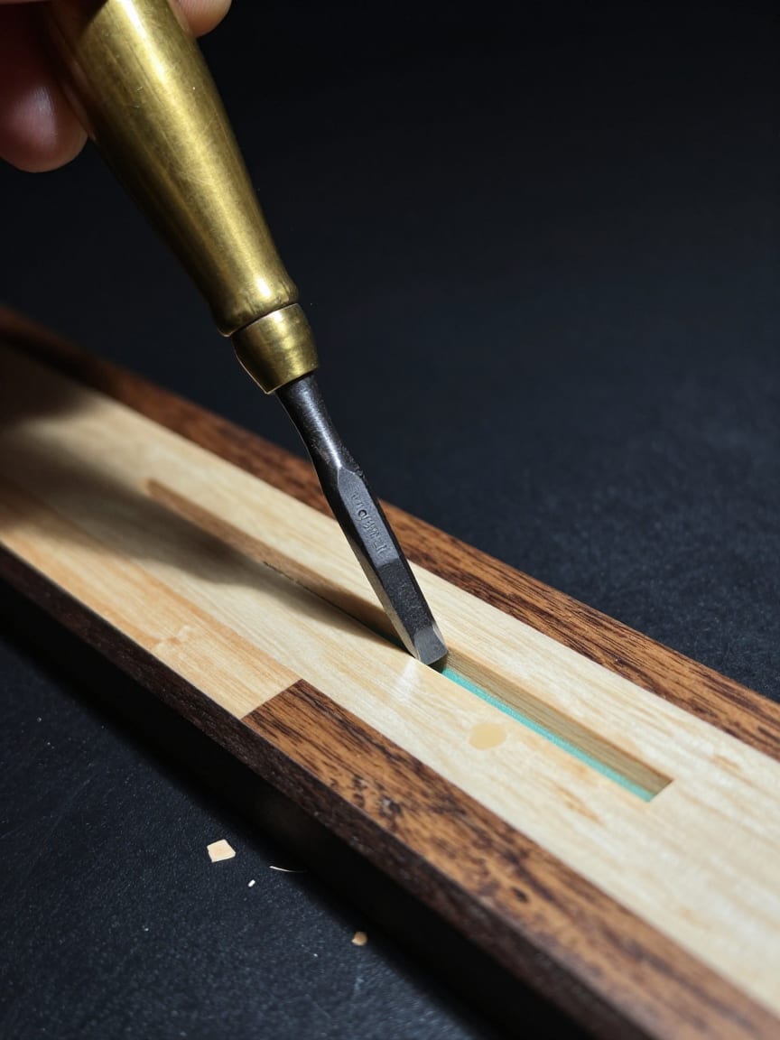 A chisel seating a maple tile into its routed recess
